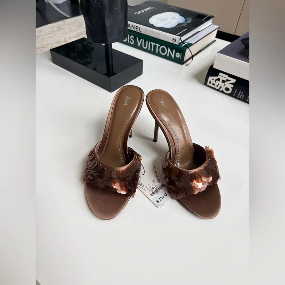 NWT Zara Elegant Brown Sequin Embellished Heels 6.5
